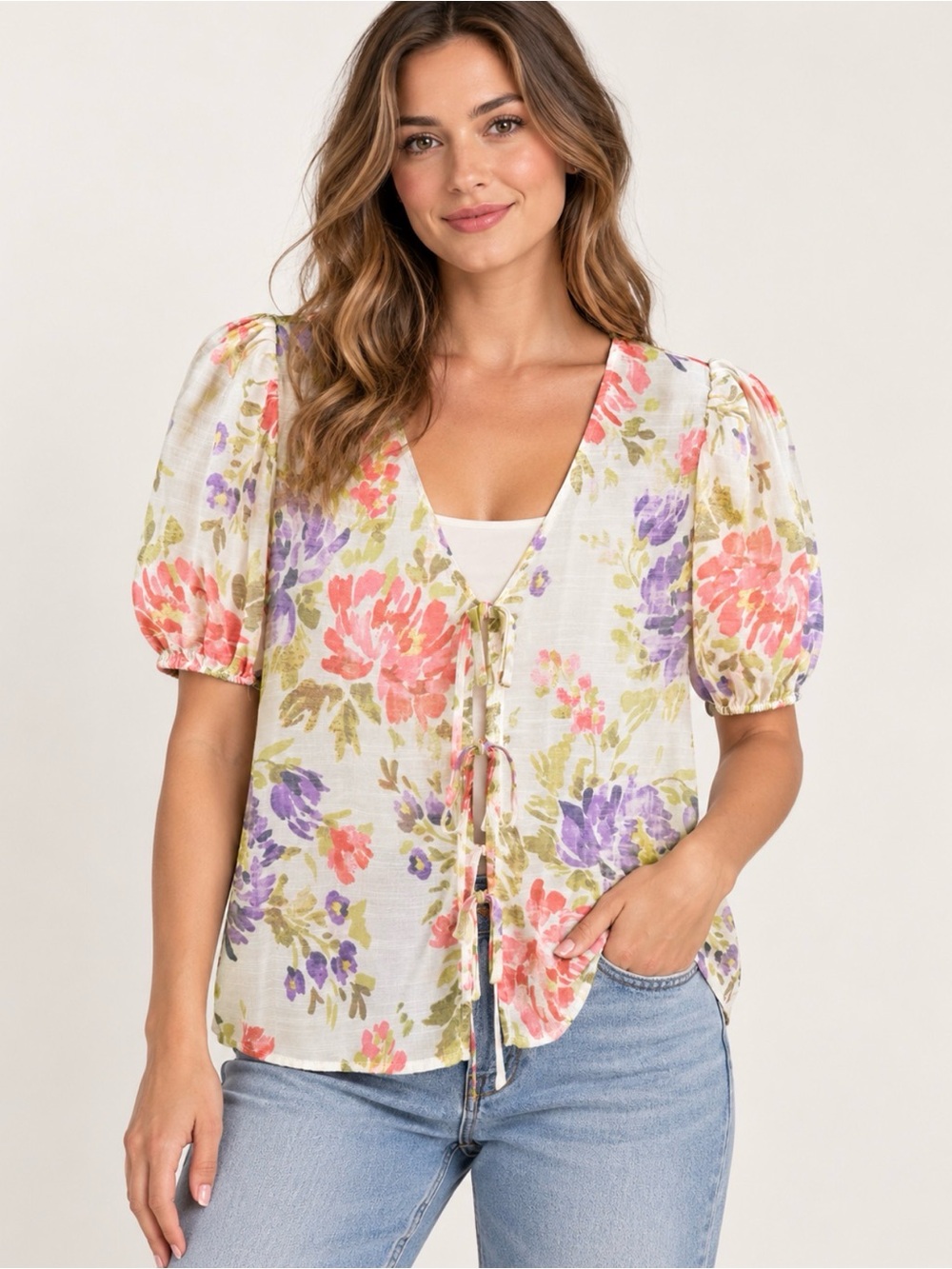 Rose + Olive Floral Tie-Front Blouse – Size M